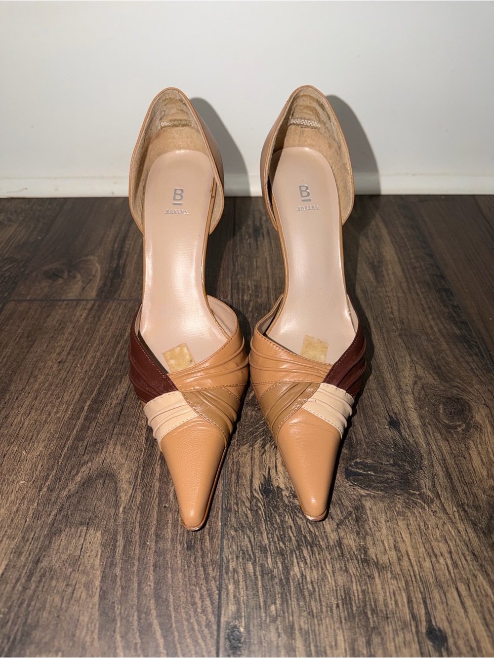 b. makowsky Tan, Brown & Cream Leather Pointed D'Orsay Heels